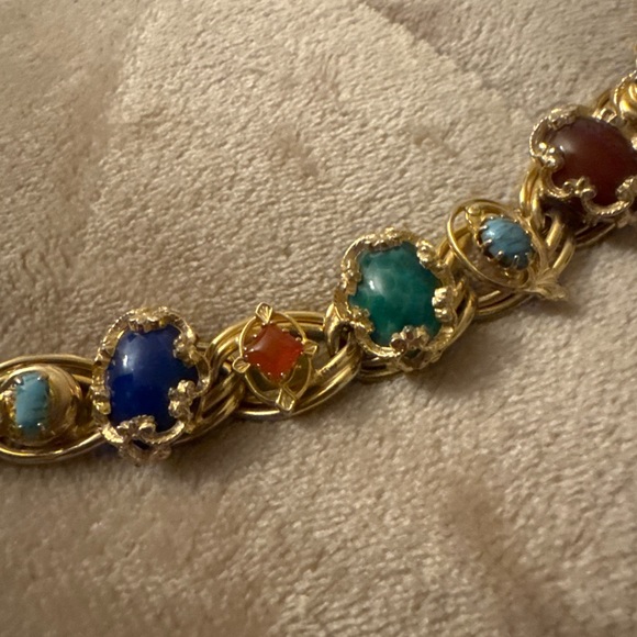 Jewelry - Vintage Gold Tone Multi Stone Cabochon Bracelet Turquoise Lapis Carnelian